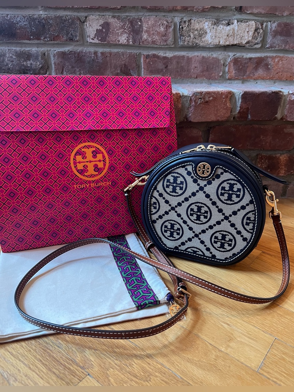 Tory Burch Navy T Monogram Jacquard Circle Crossbody Bag